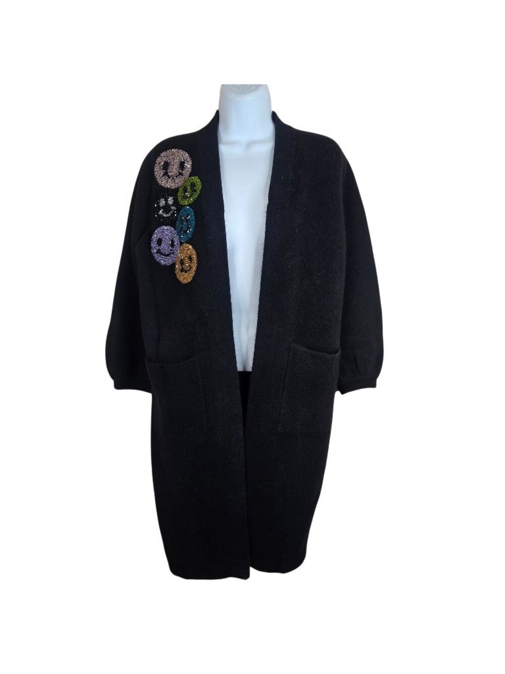 Beaded Smile Black Open Front Cardigan Coat Pockets Womens M Angora Soft